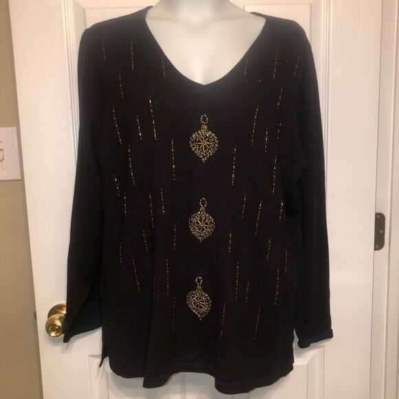 Quacker Factory Size XL Silk Blend Beaded V-Neck Black Sweater Top - Picture 1 of 9